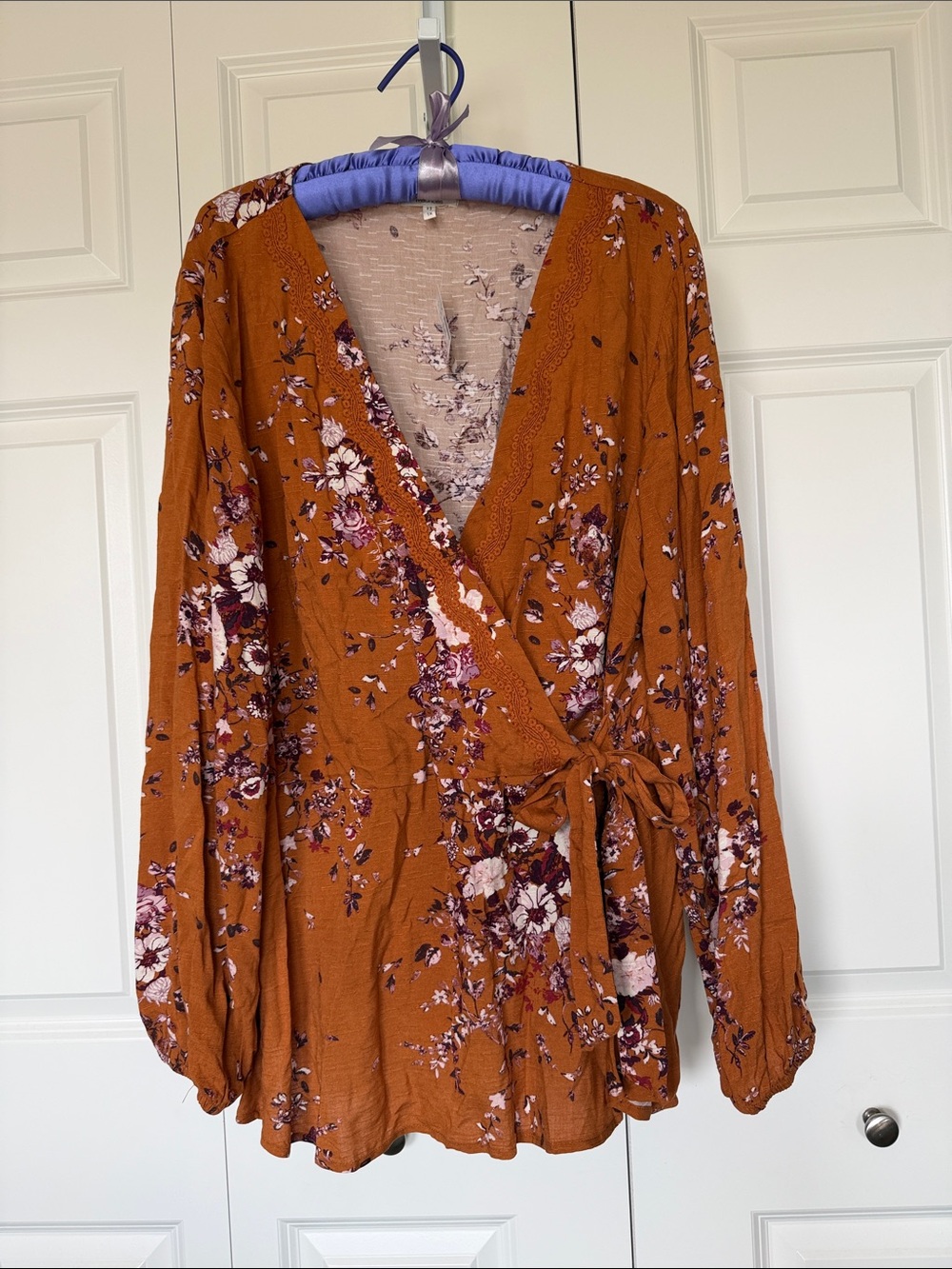 Maurices Floral Wrap Blouse in Rust with Pink Accents
